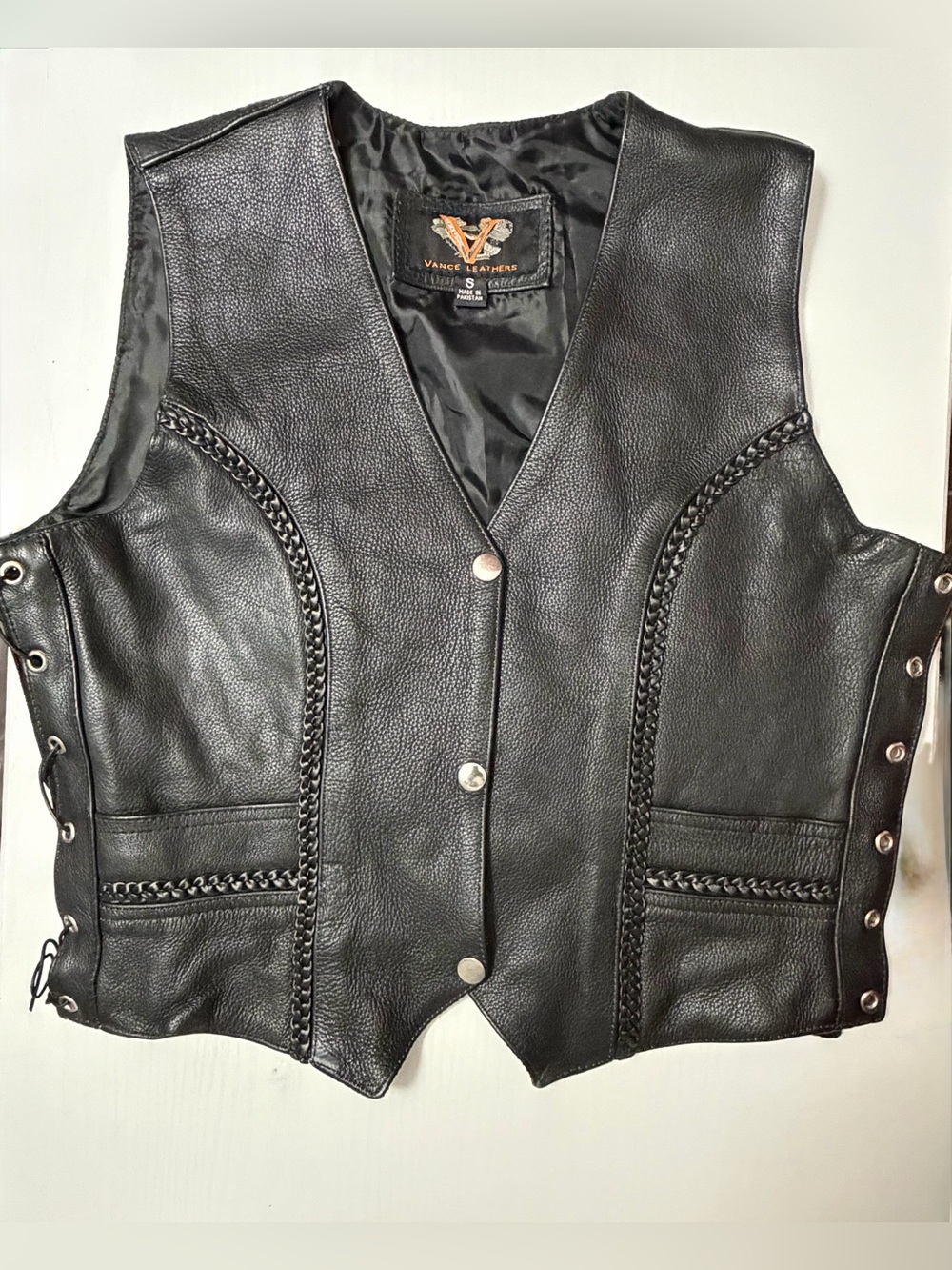 Leather Black Leather Braided Motorcycle Vest Women’s Size Small Lace Side Biker